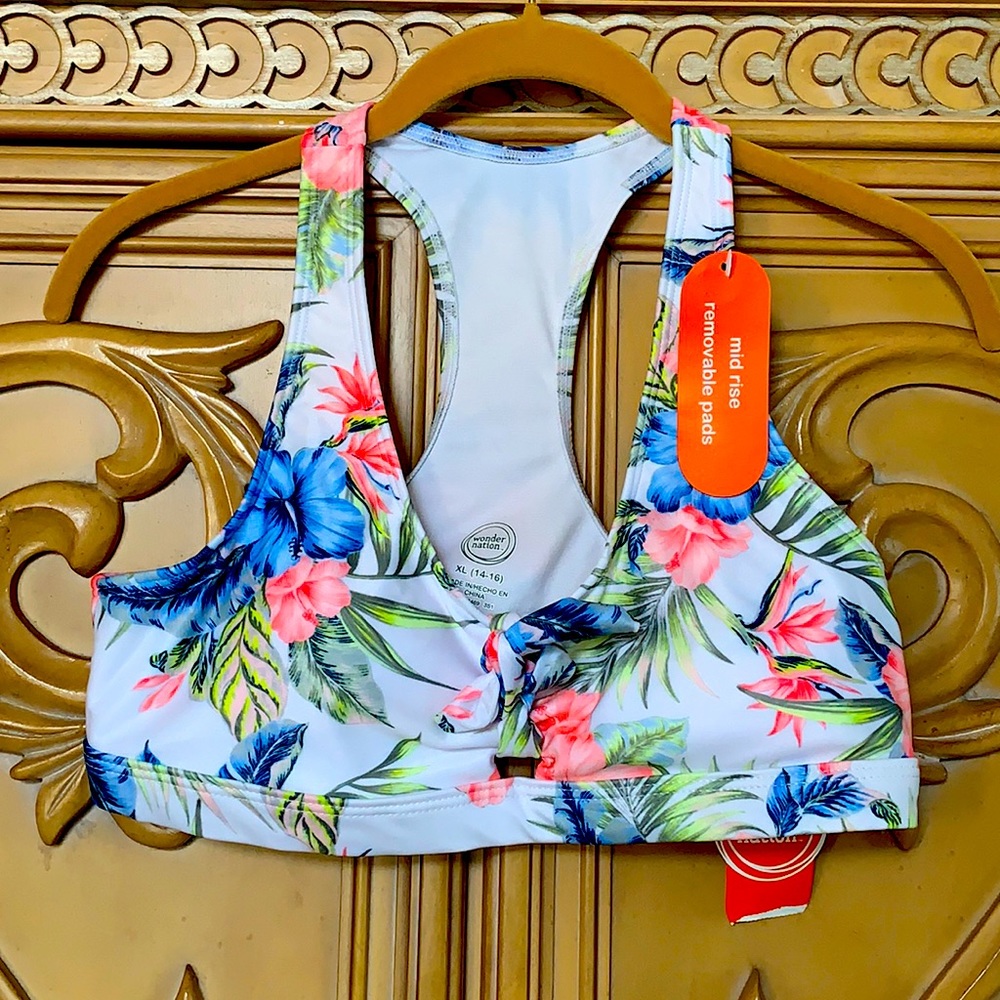 Wonder Nation Juniors NWT White Blue Peach Racerback Bikini Swim Top XL14-16